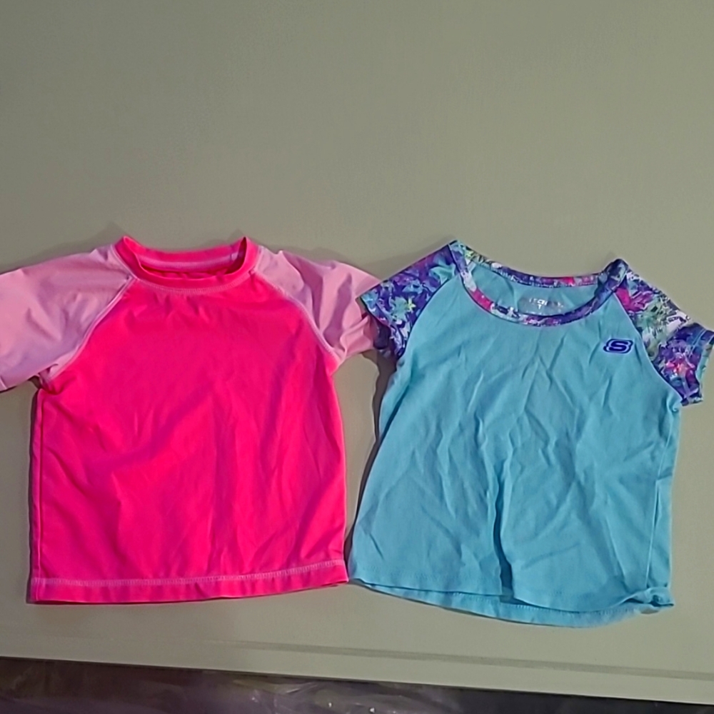 2 light weight sketchers shirts hot.pimk and blue and purple